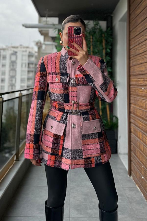 Hauss Kemerli Kaşe Ceket - Renkli Şeritli