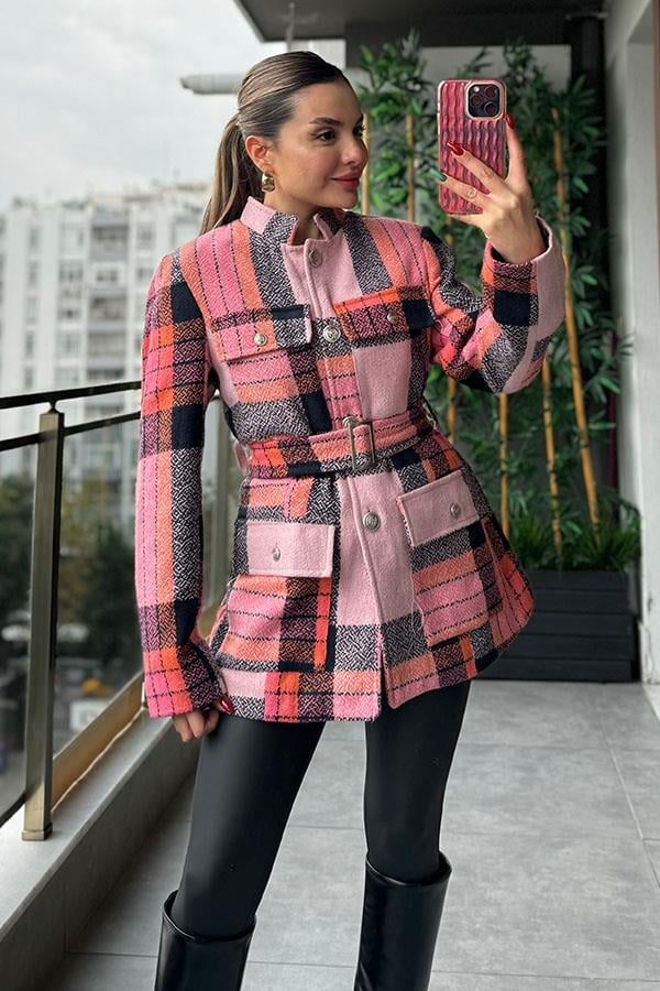 Hauss Kemerli Kaşe Ceket - Renkli Şeritli