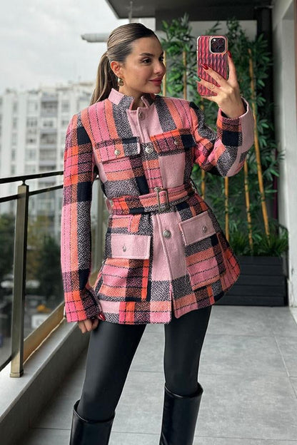 Hauss Kemerli Kaşe Ceket - Renkli Şeritli