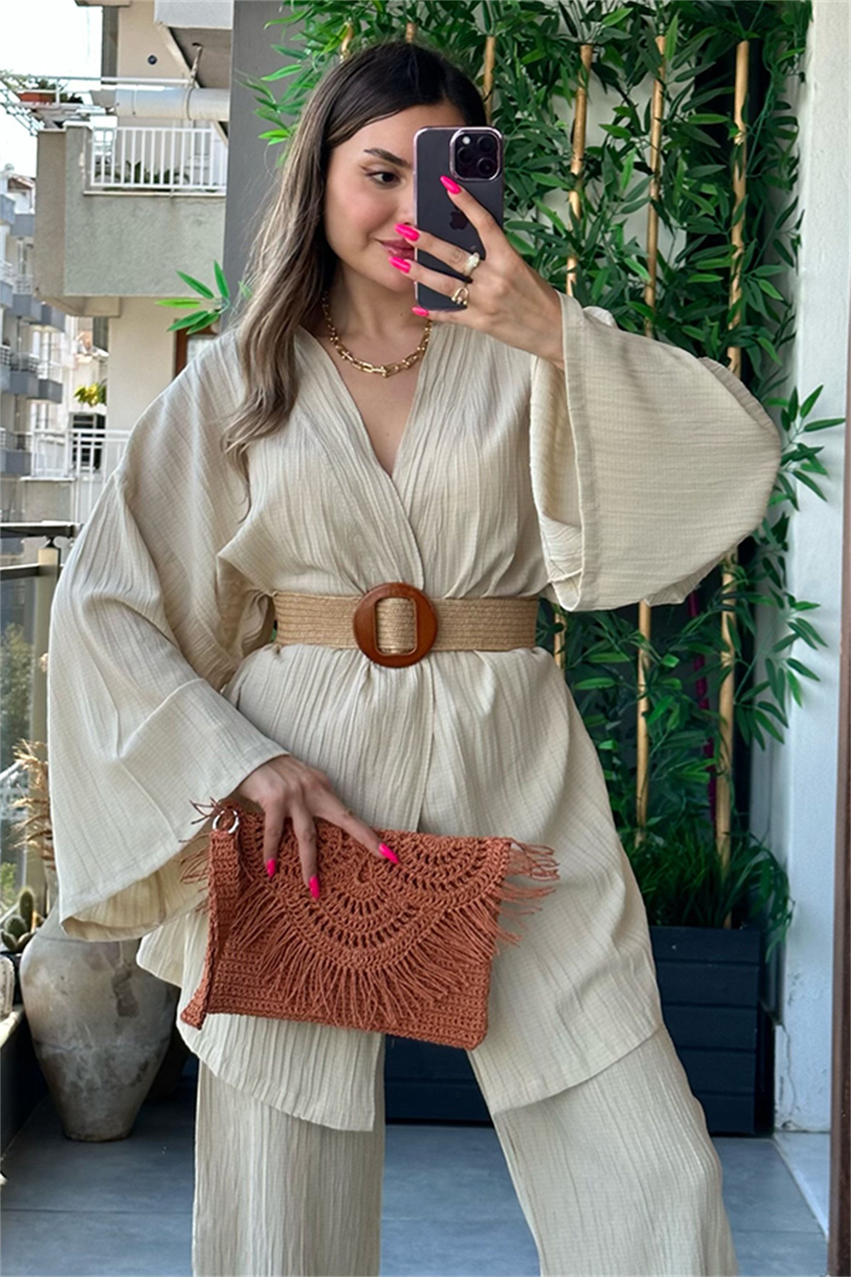 Havana kimonolu bohem takım - Bej