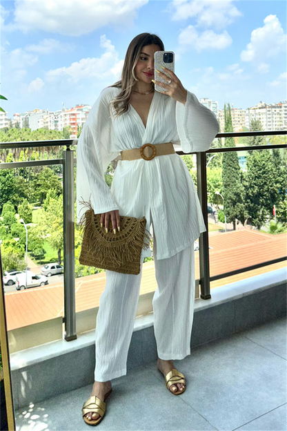 Havana kimonolu bohem takım - Beyaz