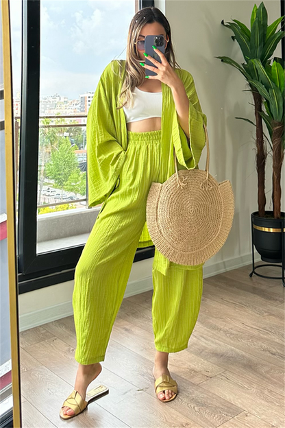 Havana kimonolu bohem takım - Fıstık yeşil