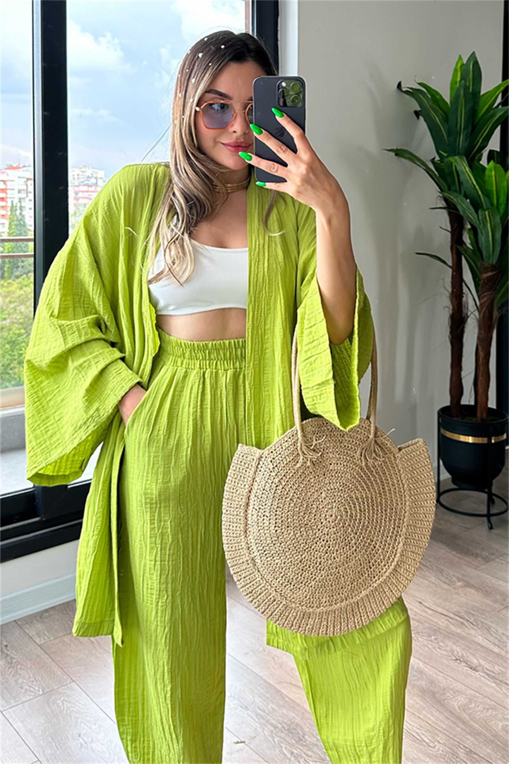 Havana kimonolu bohem takım - Fıstık yeşil