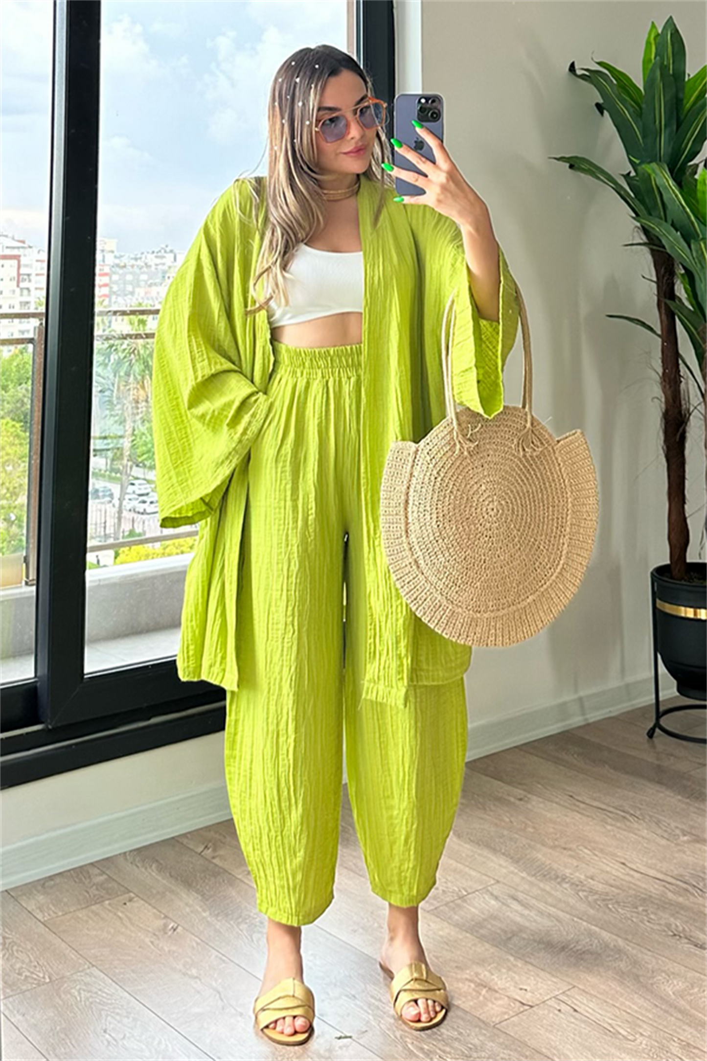 Havana kimonolu bohem takım - Fıstık yeşil