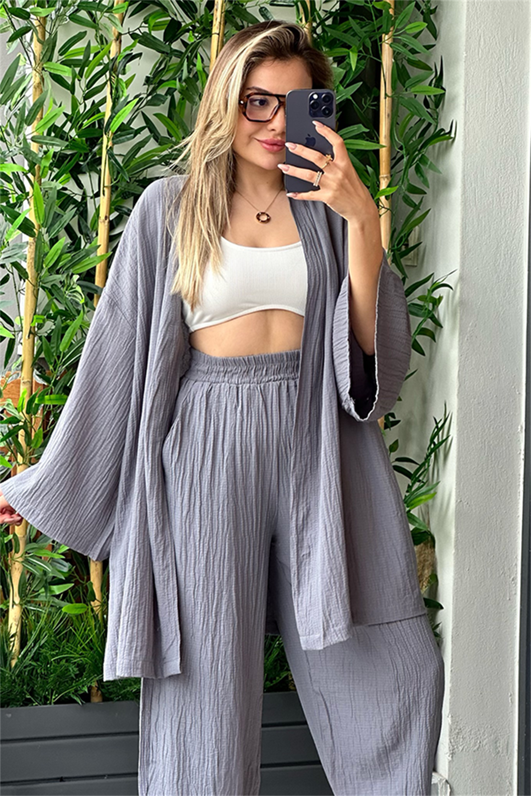 Havana kimonolu bohem takım - Füme