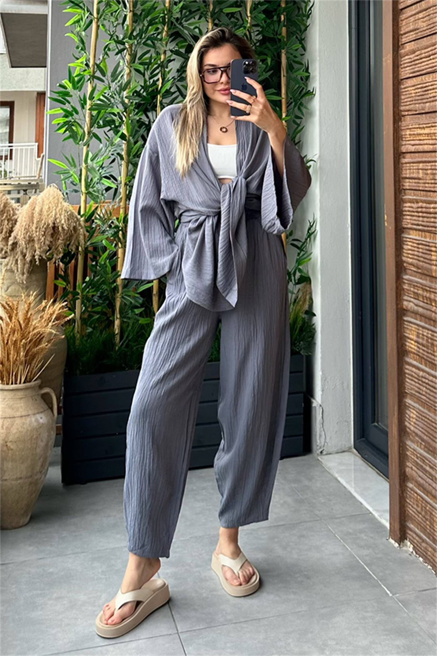 Havana kimonolu bohem takım - Füme