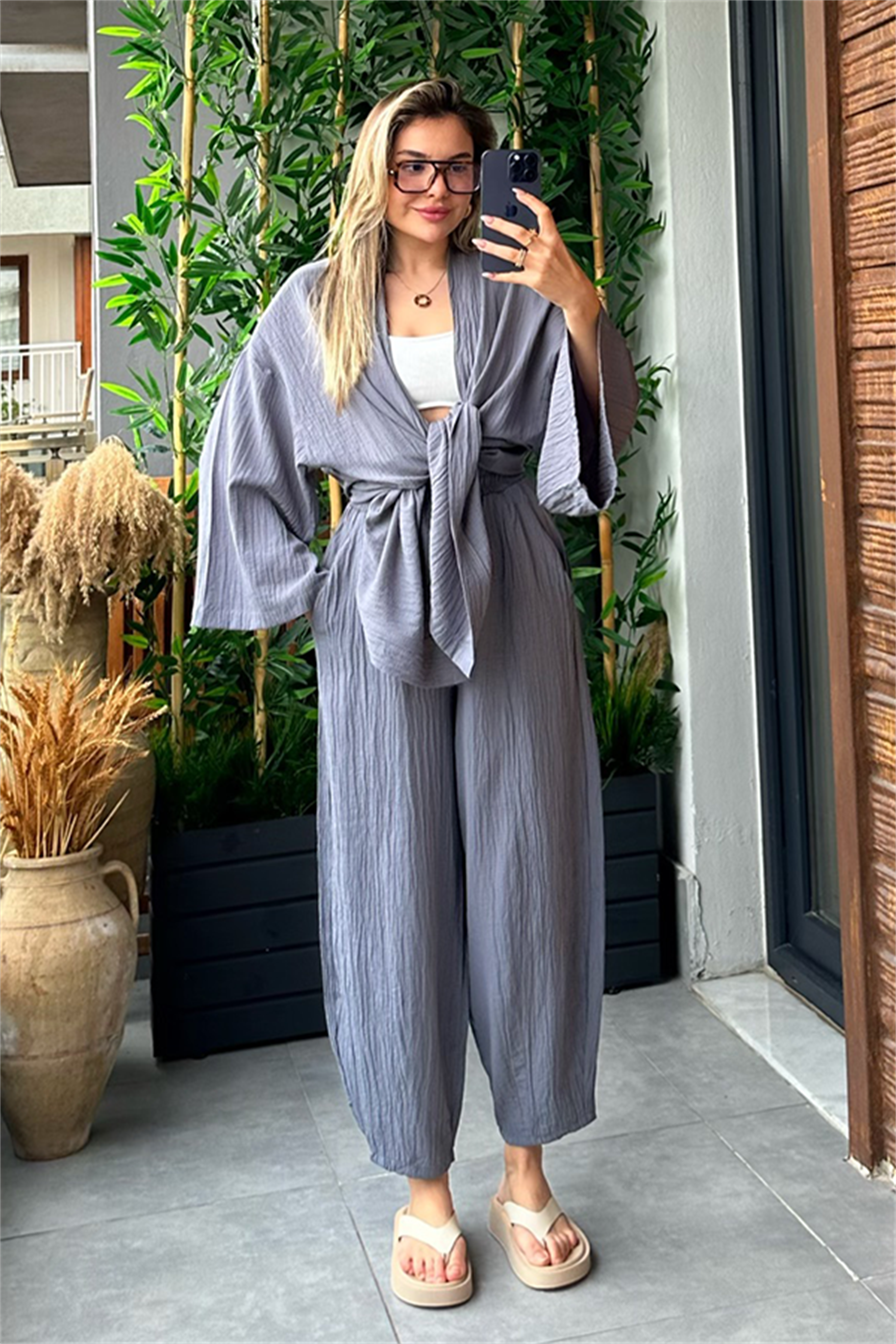 Havana kimonolu bohem takım - Füme