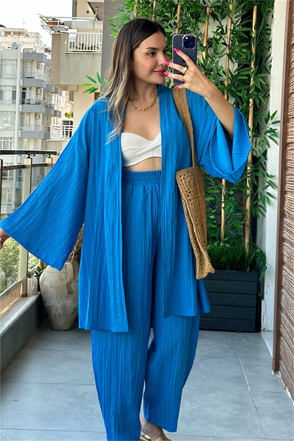 Havana kimonolu bohem takım - Mavi