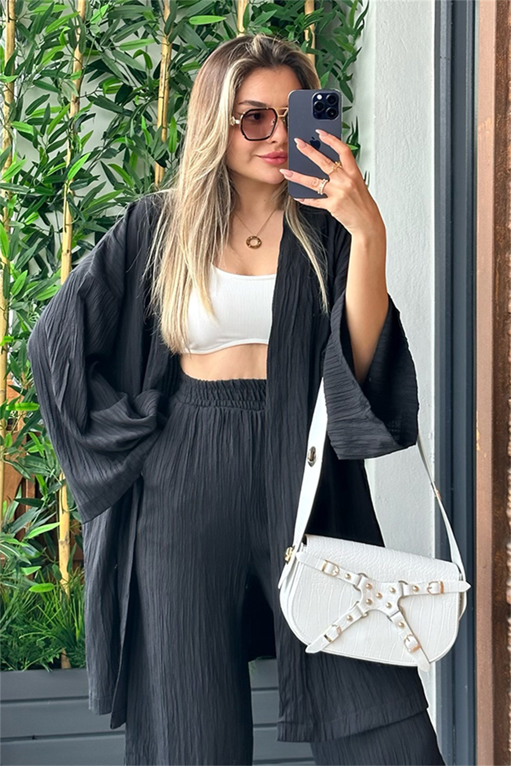 Havana kimonolu bohem takım - Siyah