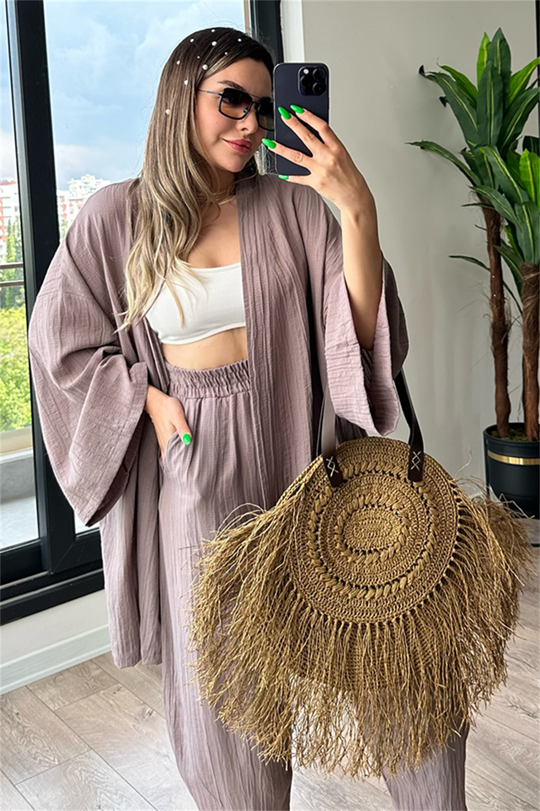 Havana kimonolu bohem takım - Taş rengi