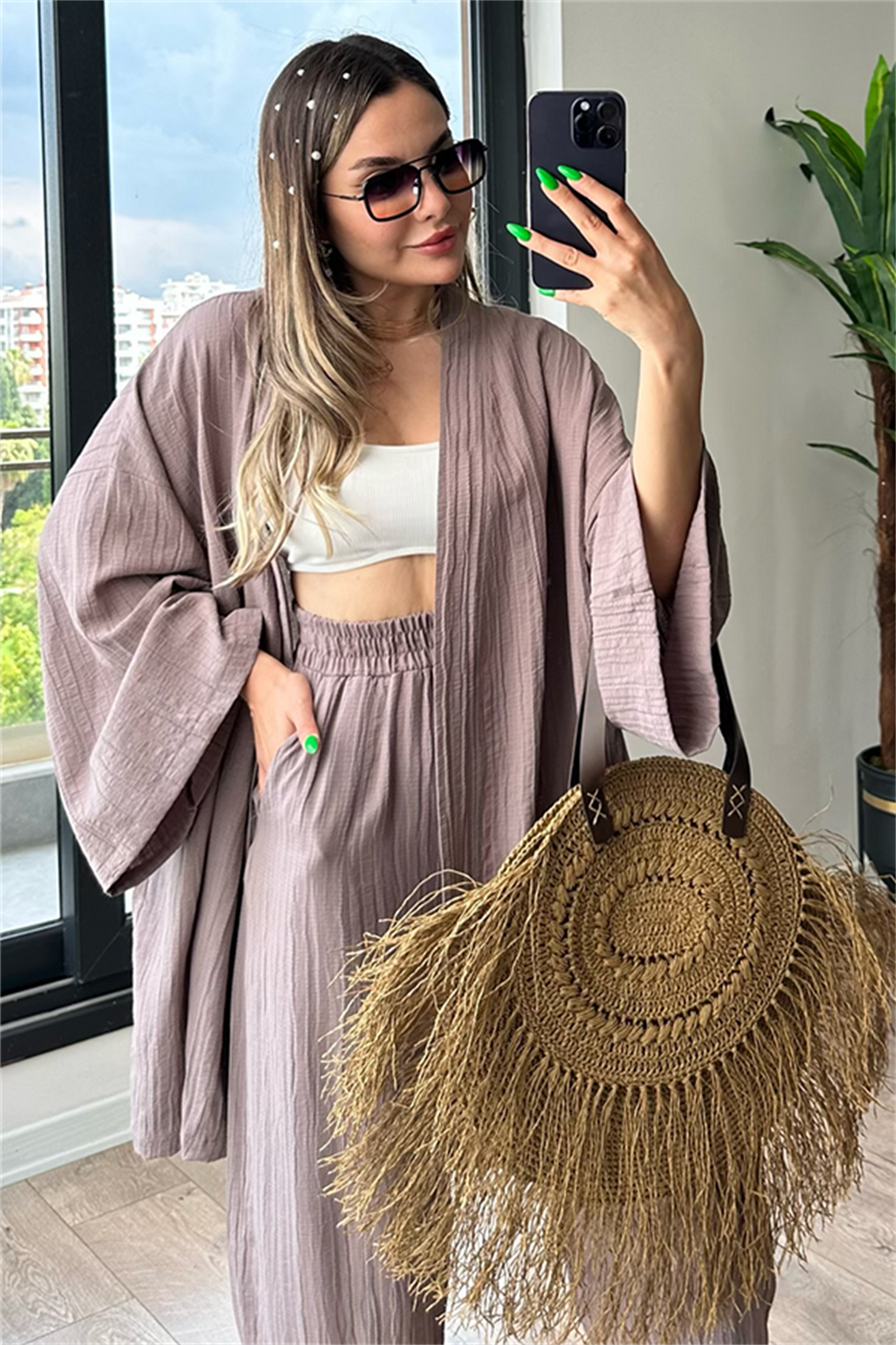 Havana kimonolu bohem takım - Taş rengi