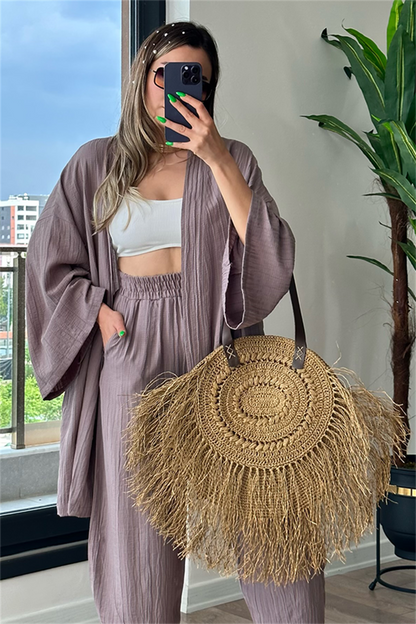 Havana kimonolu bohem takım - Taş rengi