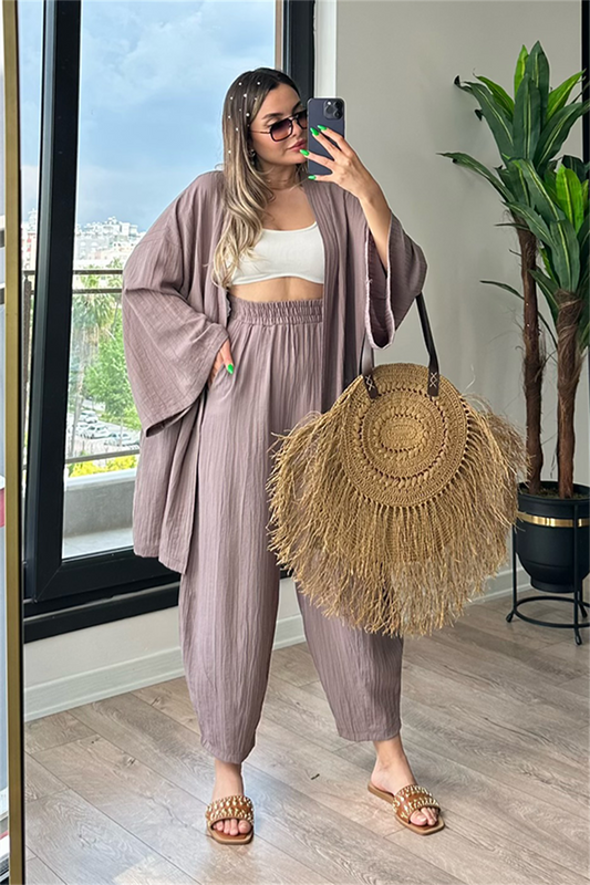 Havana kimonolu bohem takım - Taş rengi