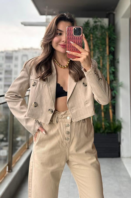 Hawaian Çizgili Crop Ceket - Bej