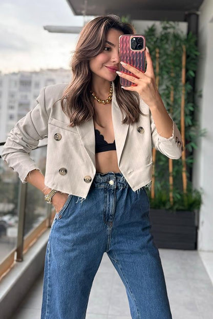 Hawaian Çizgili Crop Ceket - Krem