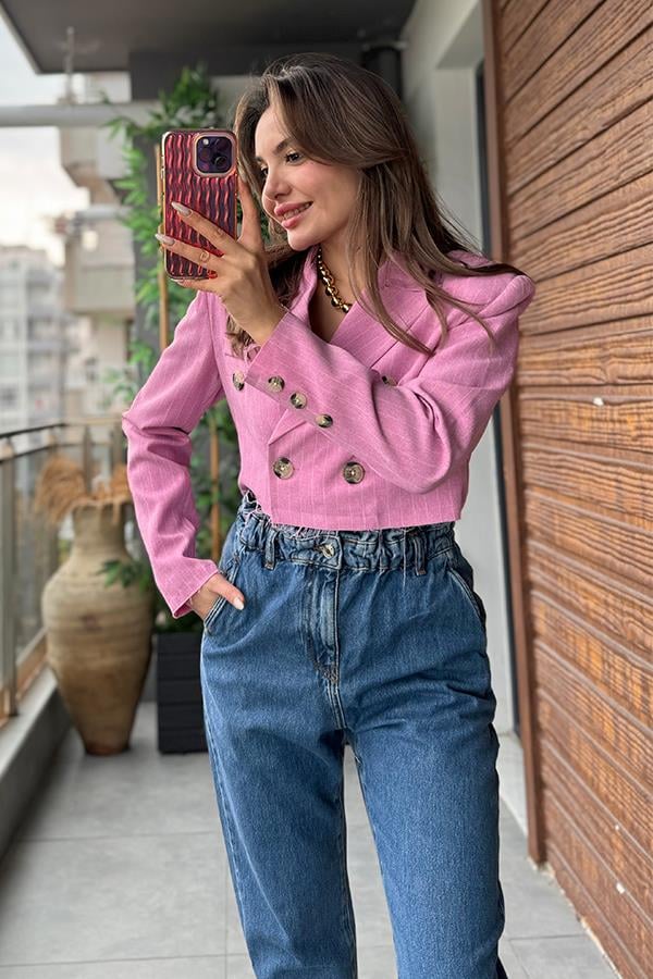 Hawaian Çizgili Crop Ceket - Pembe