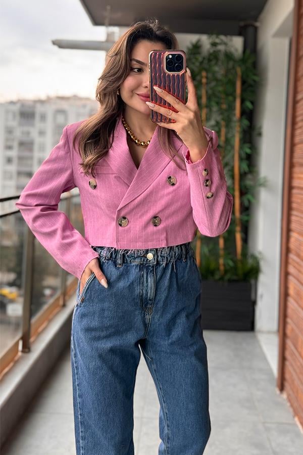 Hawaian Çizgili Crop Ceket - Pembe