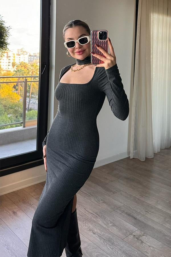 Hazel Kaşkorse Fitilli Elbise - Füme