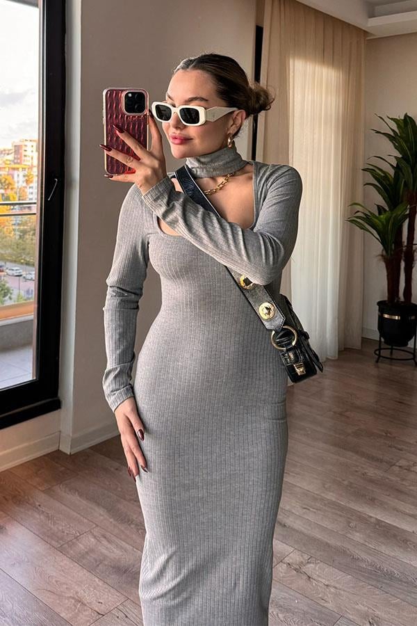 Hazel Kaşkorse Fitilli Elbise - Gri