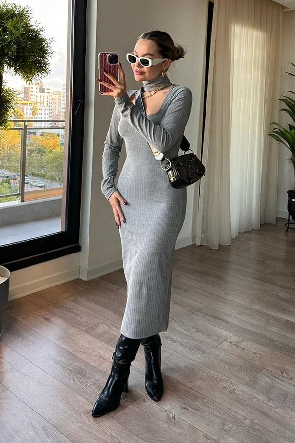 Hazel Kaşkorse Fitilli Elbise - Gri