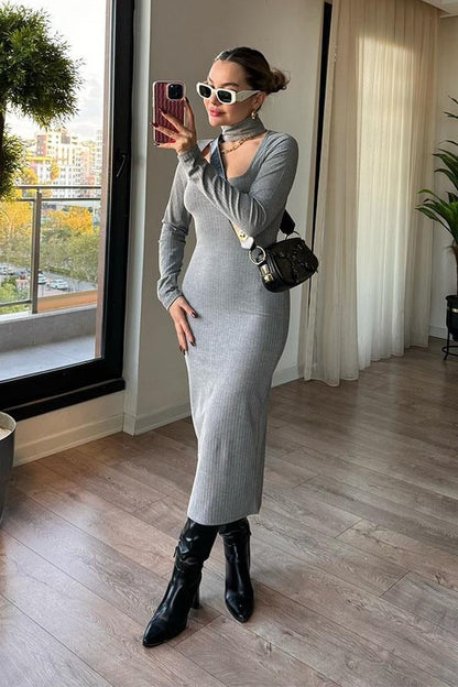 Hazel Kaşkorse Fitilli Elbise - Gri