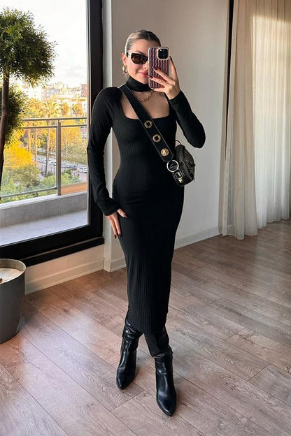 Hazel Kaşkorse Fitilli Elbise - Siyah