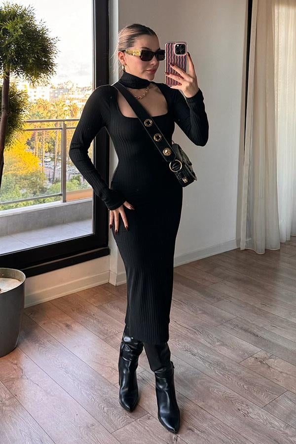 Hazel Kaşkorse Fitilli Elbise - Siyah