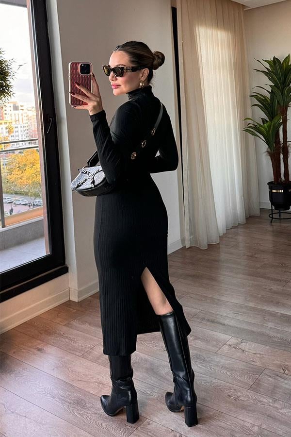 Hazel Kaşkorse Fitilli Elbise - Siyah