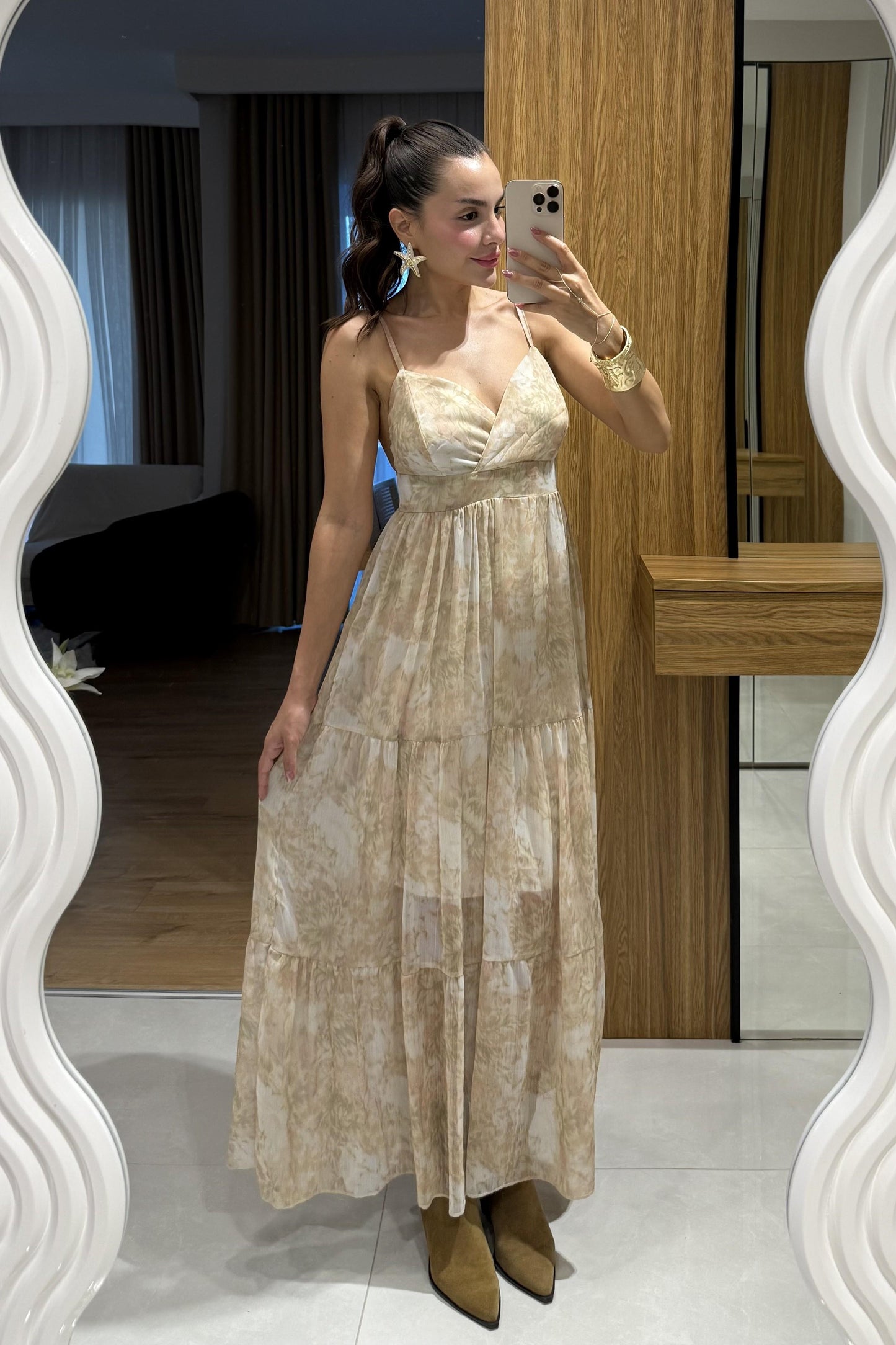 Heidi Ekru Desenli Askılı Şifon Elbise