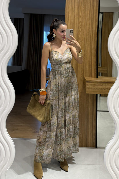 Heidi Haki Desenli Askılı Şifon Elbise