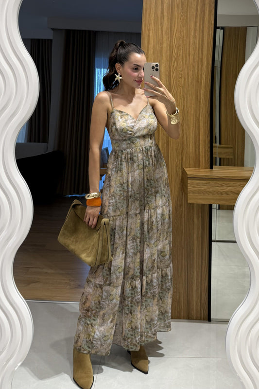 Heidi Haki Desenli Askılı Şifon Elbise