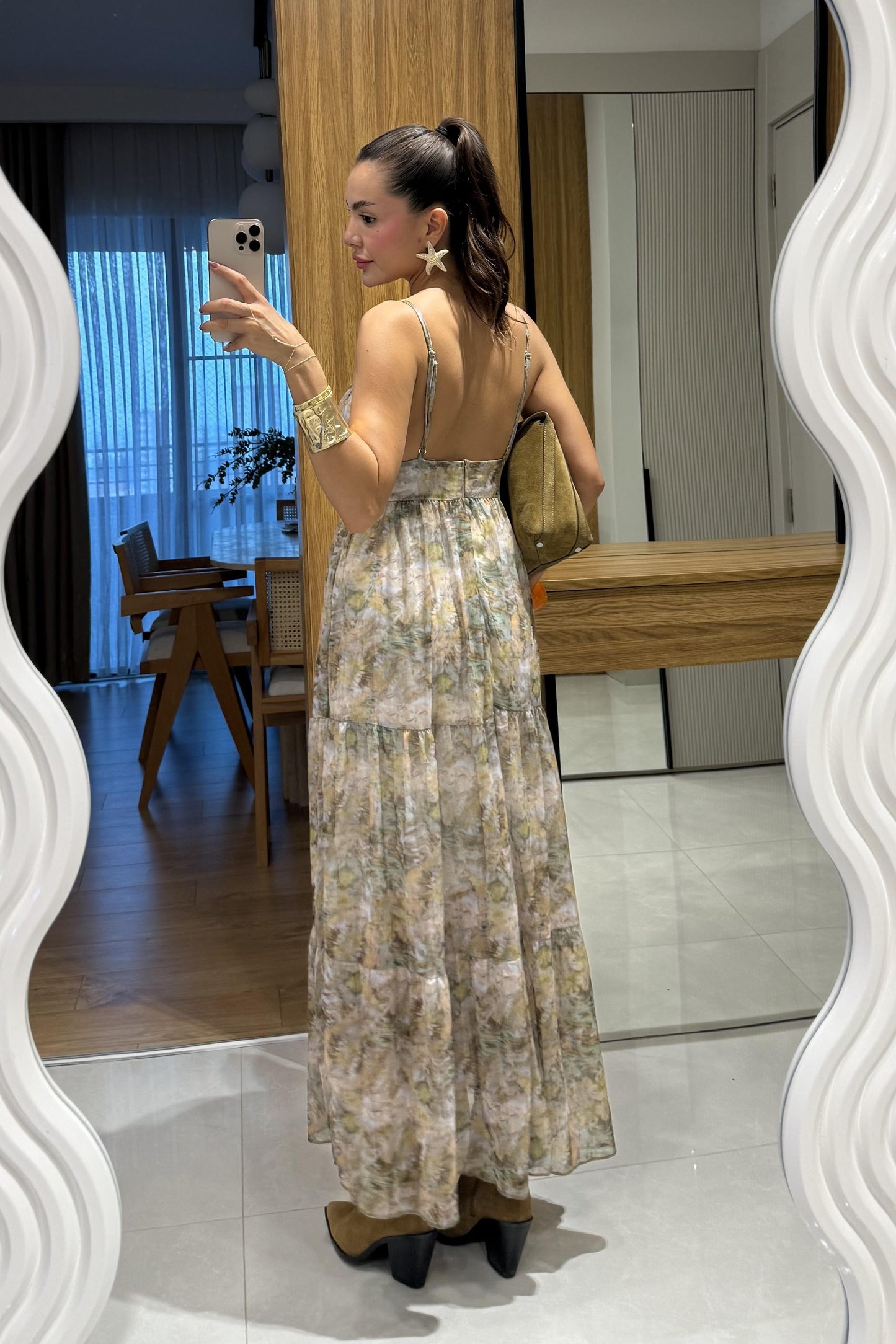 Heidi Haki Desenli Askılı Şifon Elbise