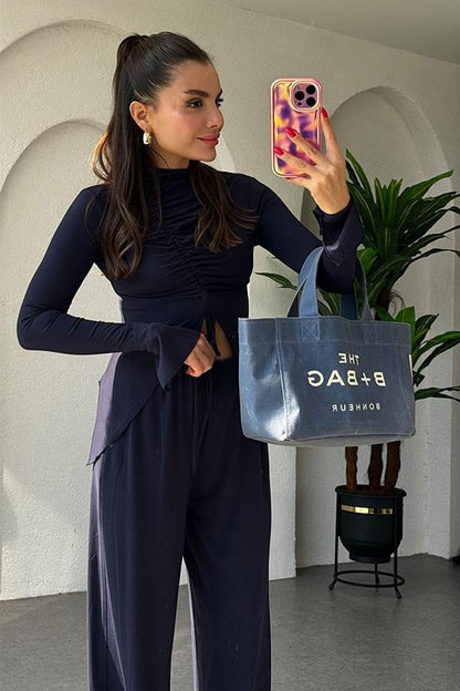 Helina Sandy Kumaş Büzgülü Bluz Pantolon Lacivert Takım