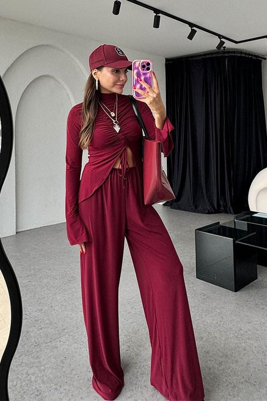 Helina Sandy Kumaş Büzgülü Bluz Pantolon Bordo Takım