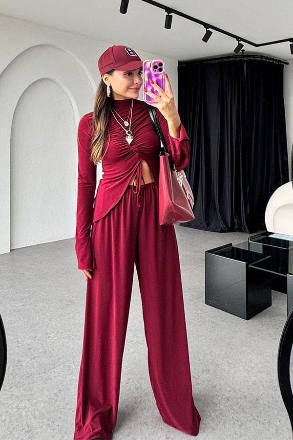 Helina Sandy Kumaş Büzgülü Bluz Pantolon Bordo Takım