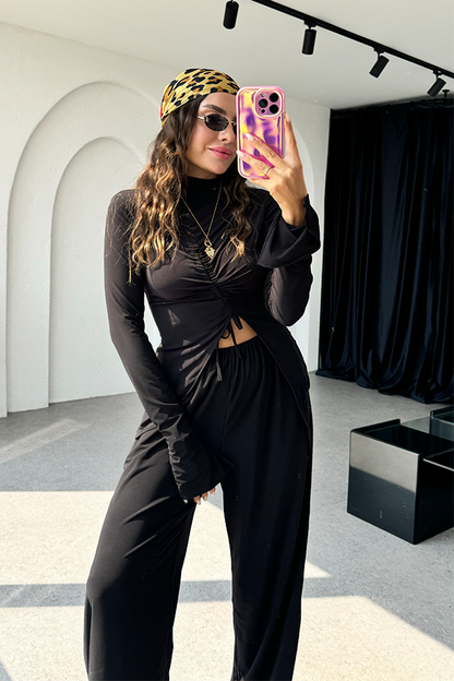 Helina sandy kumaş büzgülü bluz pantolon takım