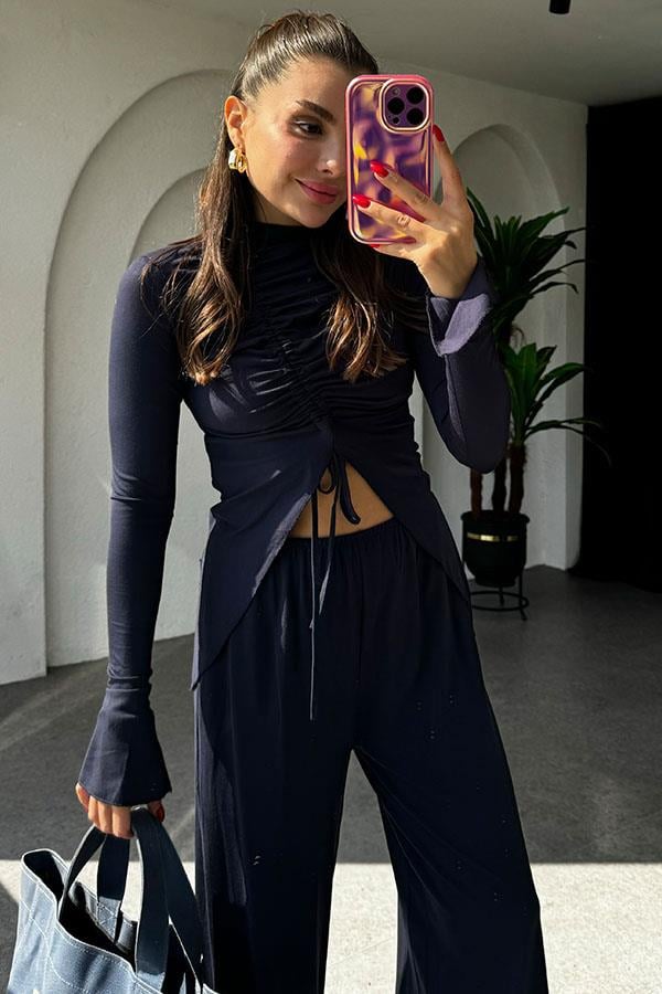 Helina Sandy Kumaş Büzgülü Bluz Pantolon Lacivert Takım