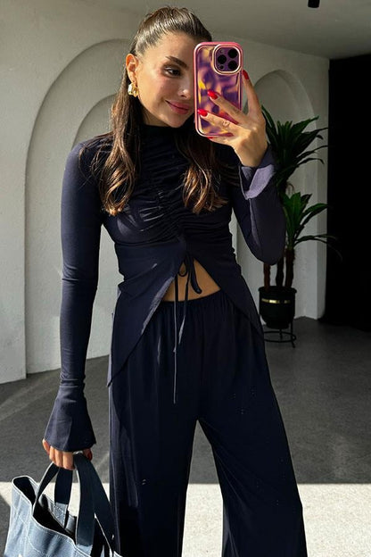 Helina Sandy Kumaş Büzgülü Bluz Pantolon Lacivert Takım