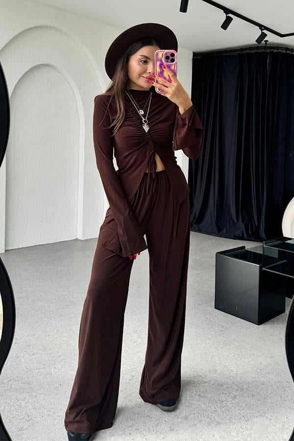 Helina Sandy Kumaş Büzgülü Bluz Pantolon Acı Kahve Takım