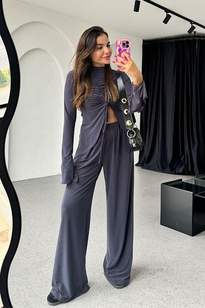 Helina Sandy Kumaş Büzgülü Bluz Pantolon Füme Takım