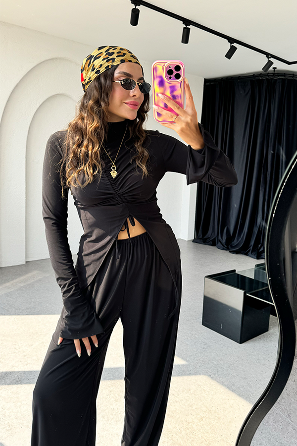 Helina sandy kumaş büzgülü bluz pantolon takım