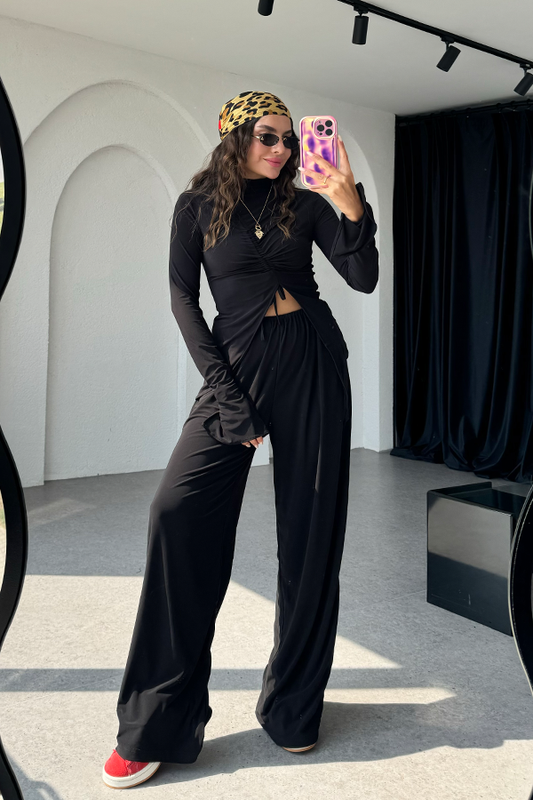 Helina sandy kumaş büzgülü bluz pantolon takım