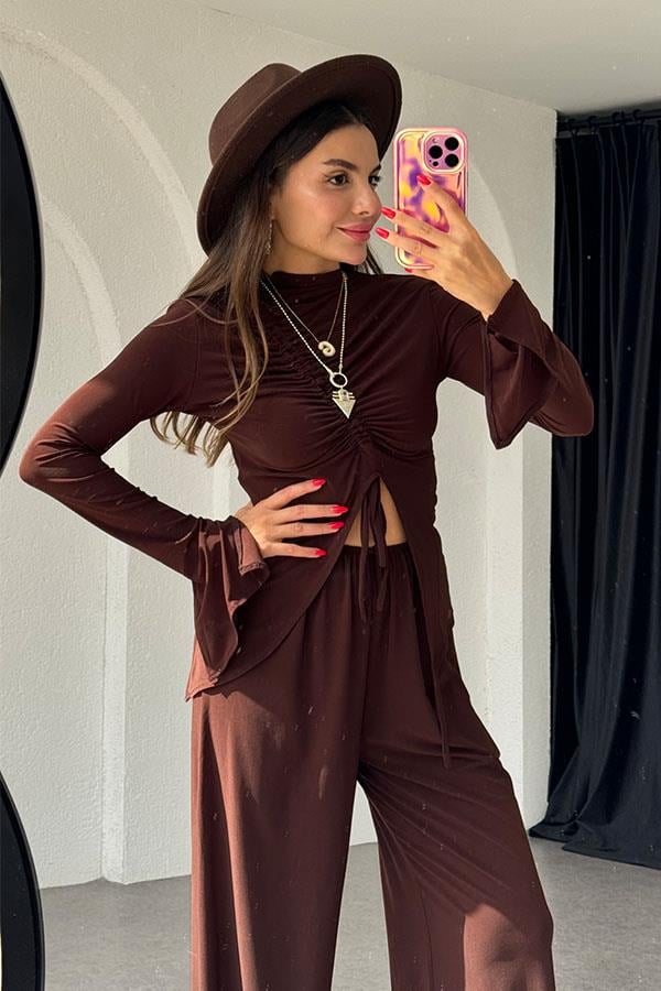 Helina Sandy Kumaş Büzgülü Bluz Pantolon Acı Kahve Takım
