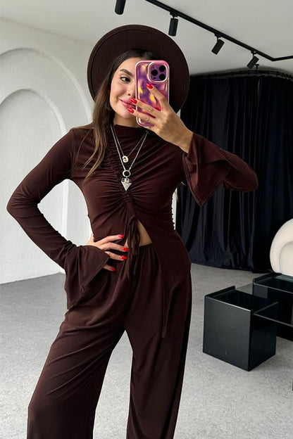 Helina Sandy Kumaş Büzgülü Bluz Pantolon Acı Kahve Takım