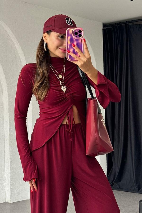 Helina Sandy Kumaş Büzgülü Bluz Pantolon Bordo Takım