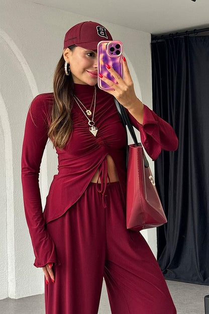 Helina Sandy Kumaş Büzgülü Bluz Pantolon Bordo Takım