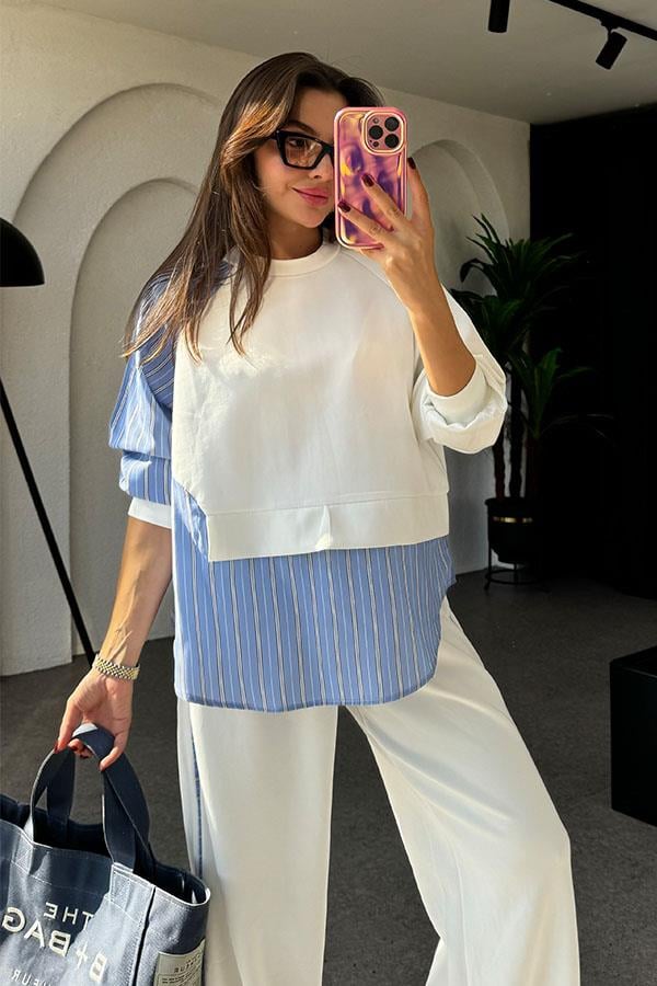 Henny Gömlek Karışımlı Beyaz Takım