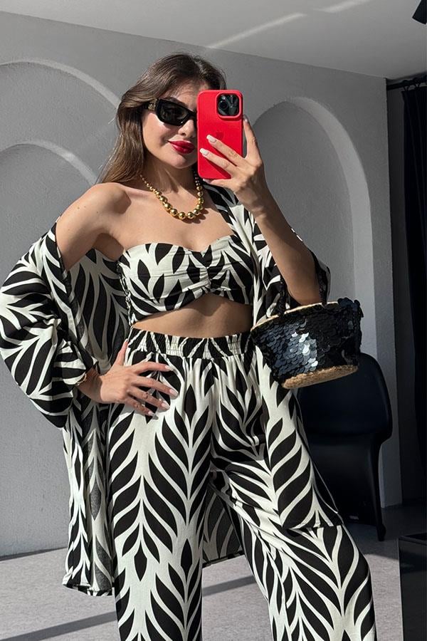 Holana siyah beyaz desenli viskon 3 lü takım