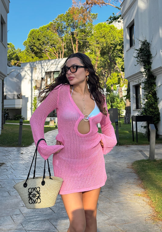 Holiday Pembe Ajurlu Mini Elbise