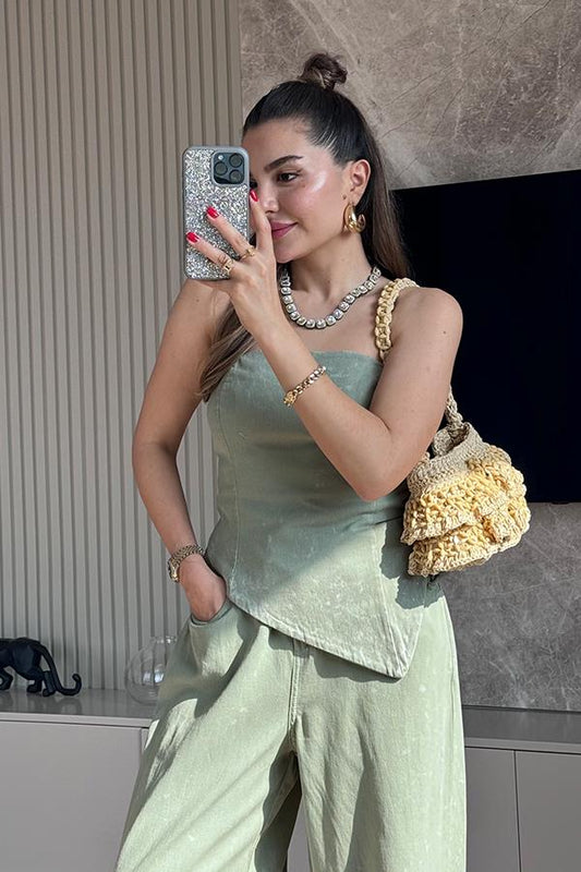 Holiday Yıkamalı Crop Pantolon Takım - Haki